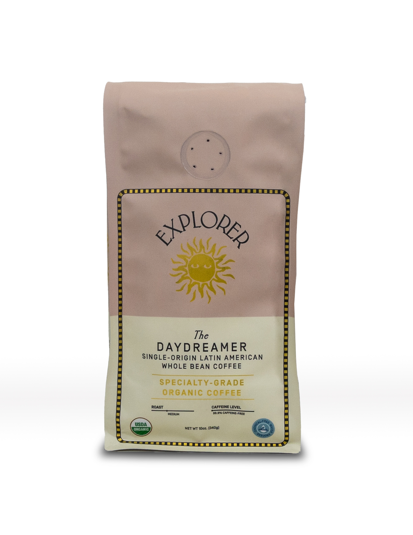 Whole bean coffee by Explorer Cold Brew, showing fresh coffee beans in a clear bag with branding and rich brown color.