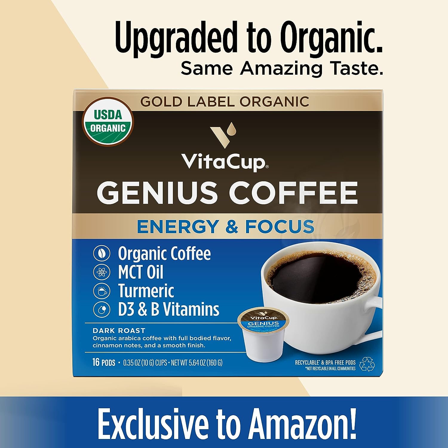 Slim organic coffee pods from NutritionAdvice with bold flavor, designed for diet support, shown in a customized packaging image.