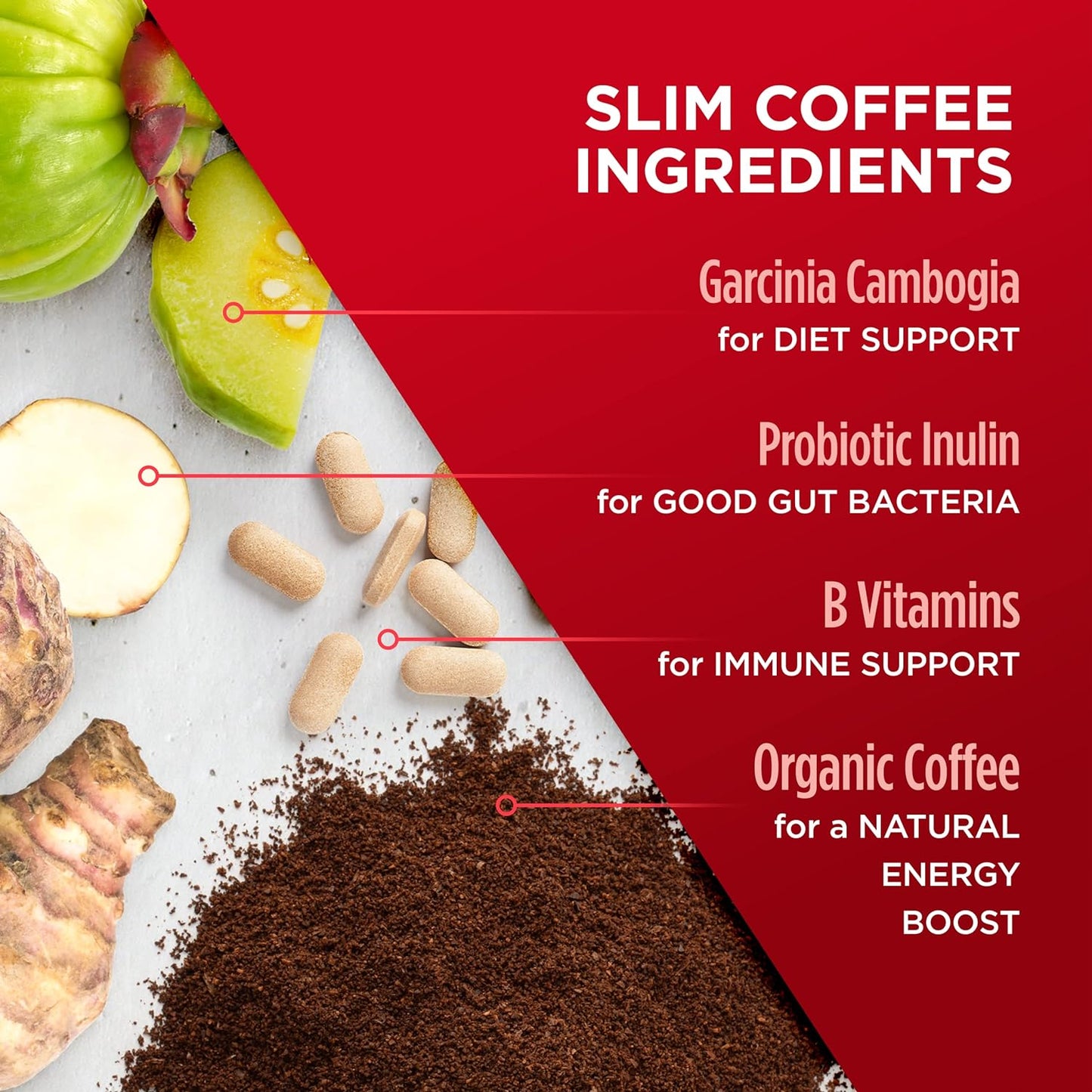 Slim organic coffee pods with bold flavor from NutritionAdvice, designed for diet support, shown in a customized packaging image.