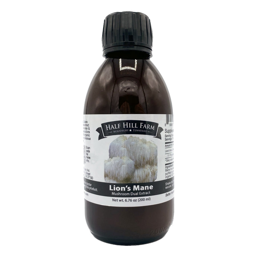 Half Hill Farm Lion's Mane Mushroom dual extract in 200ml bottle, herbal supplement for brain health and mental clarity.