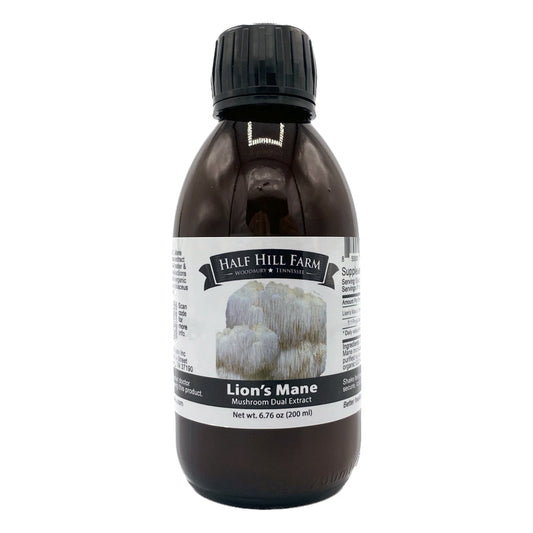 Half Hill Farm Lion's Mane Mushroom dual extract in 200ml bottle, herbal supplement for brain health and mental clarity.