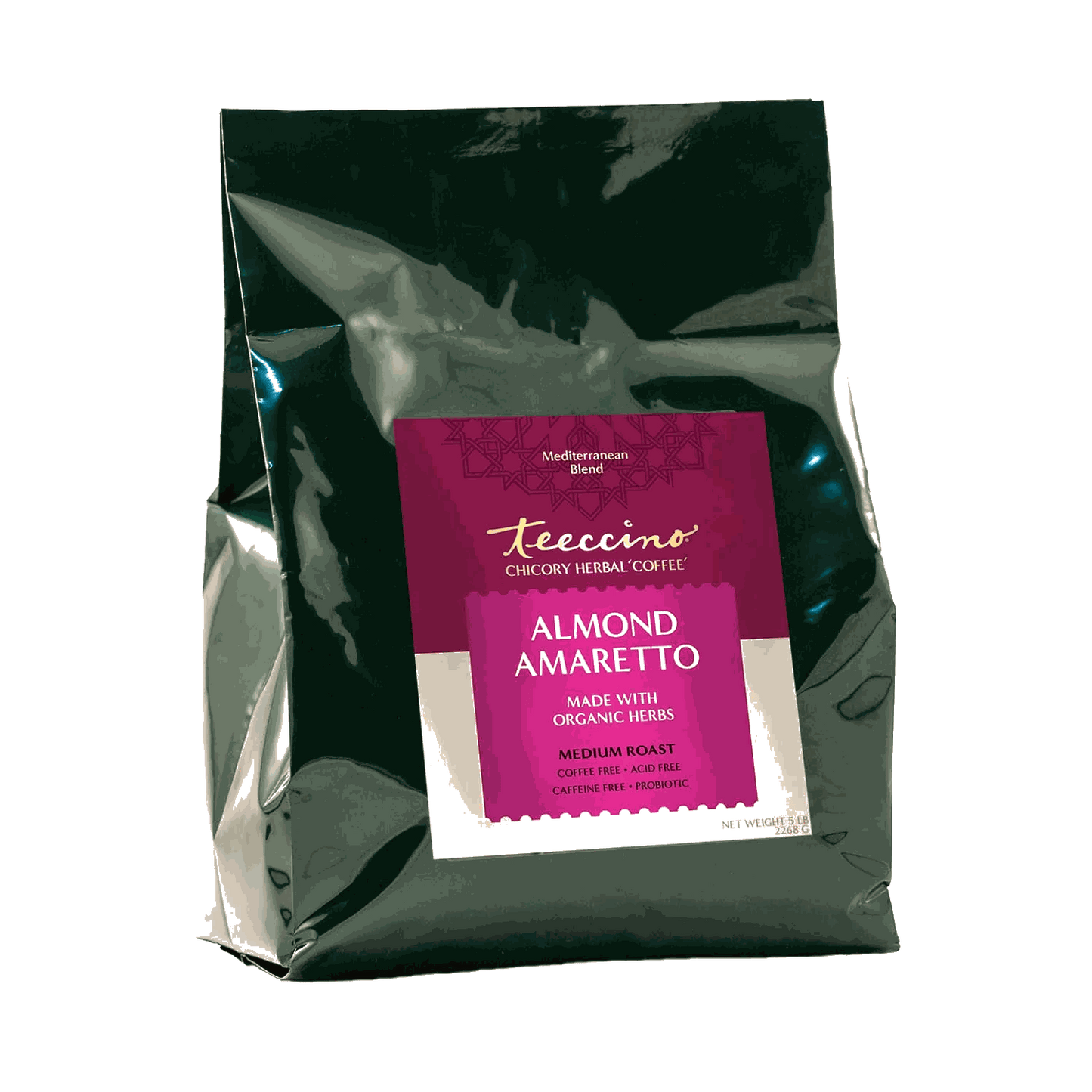 Almond Amaretto Chicory Herbal Coffee by Teeccino, featuring a steaming cup with almond and herbal blend aroma and a coffee bag.