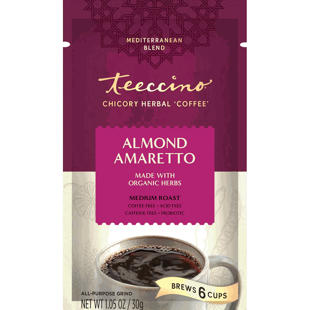 Almond Amaretto Chicory Herbal Coffee by Teeccino in a cup, featuring a rich, aromatic herbal coffee with almond and amaretto flavor.