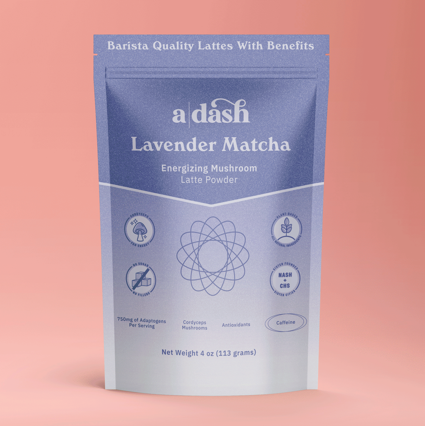 Animated gif of a|dash Better Brew functional mushroom coffee powdered beverage mix pouch, showing vibrant packaging and product branding.