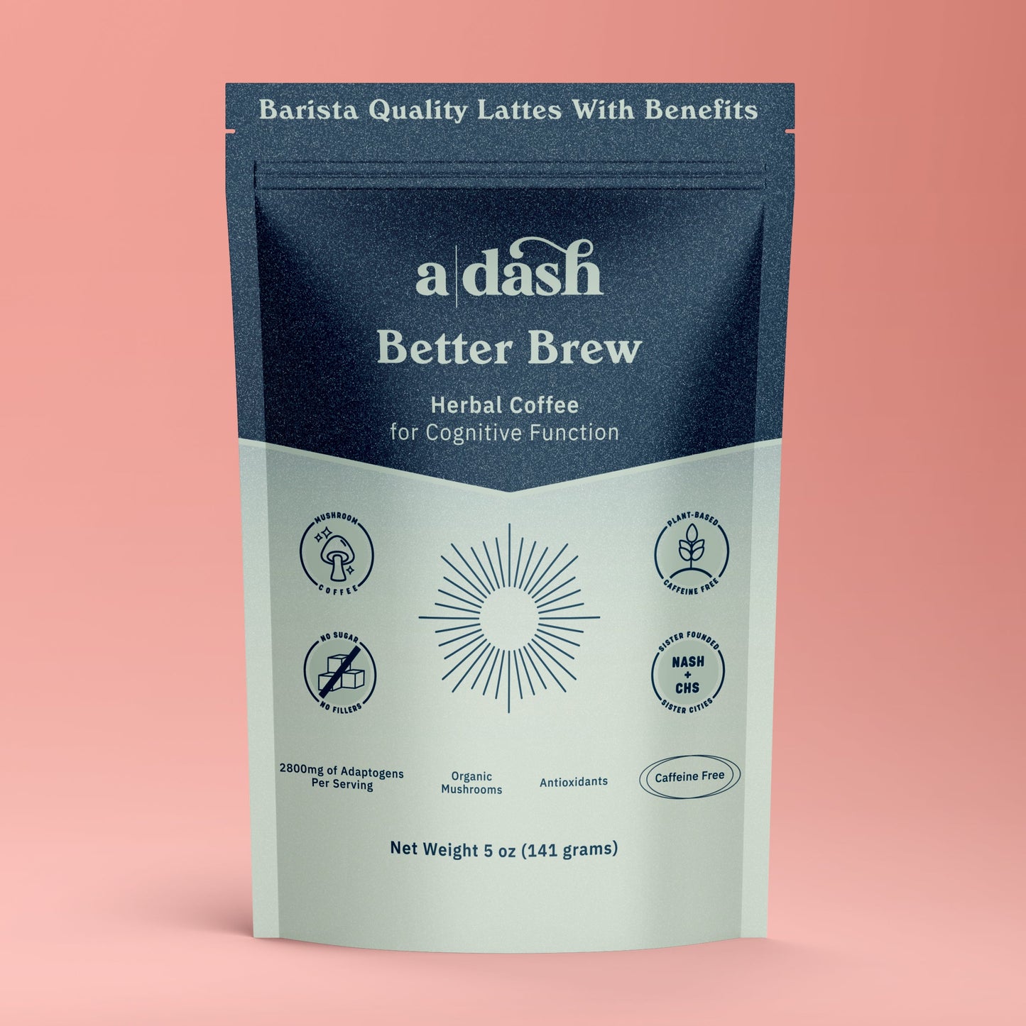 Animated image of a|dash Better Brew functional mushroom coffee powdered beverage mix pouch.