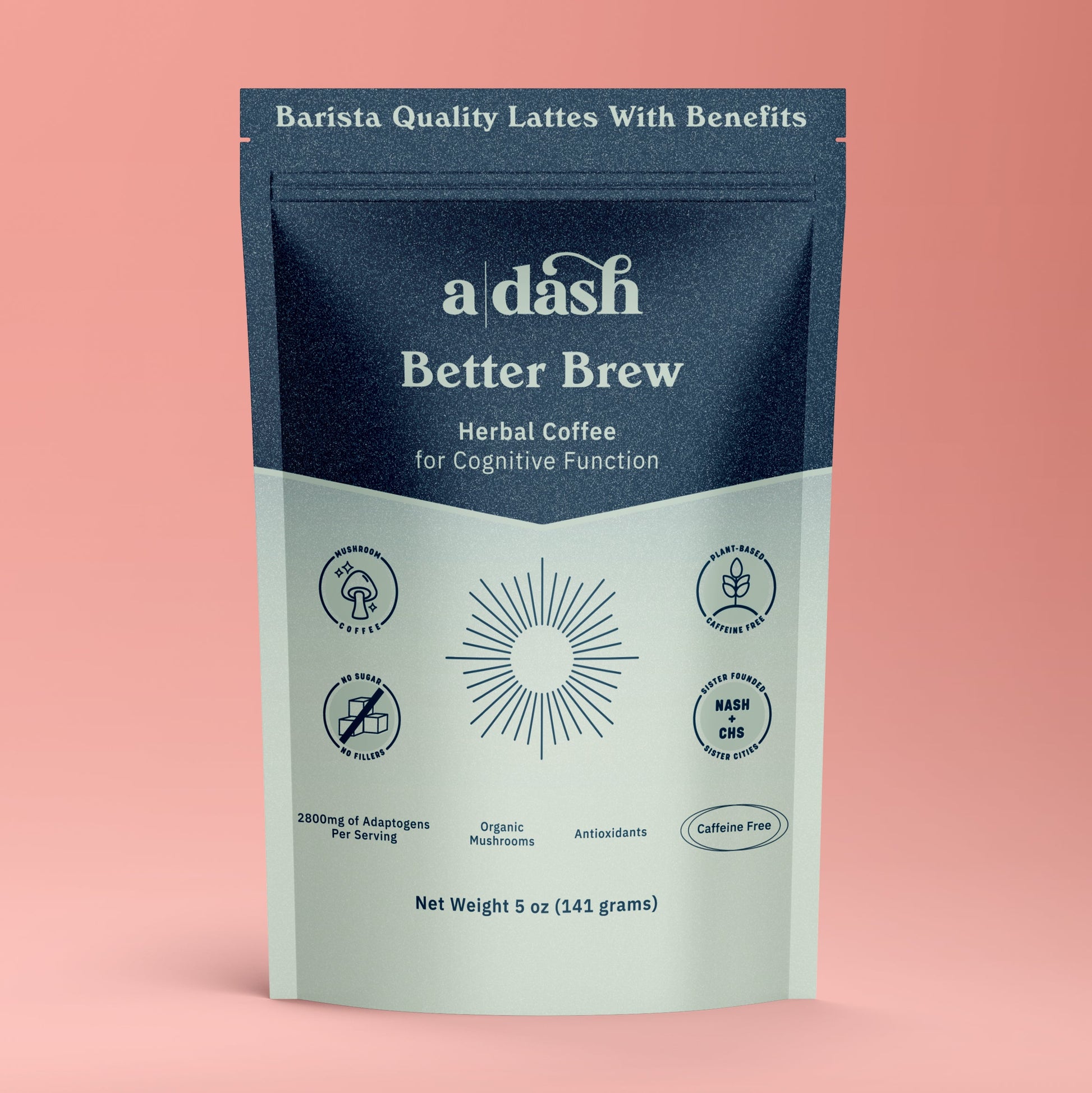 Animated image of a|dash Better Brew functional mushroom coffee powdered beverage mix pouch.