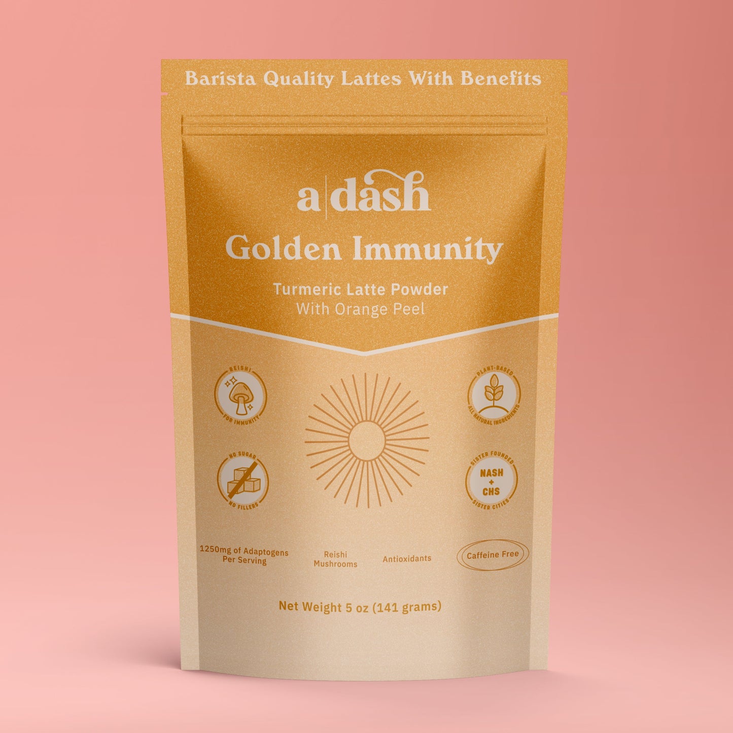 Animated image of a|dash Golden Latte with Turmeric powdered beverage mix pouch, showcasing vibrant golden powder and packaging.