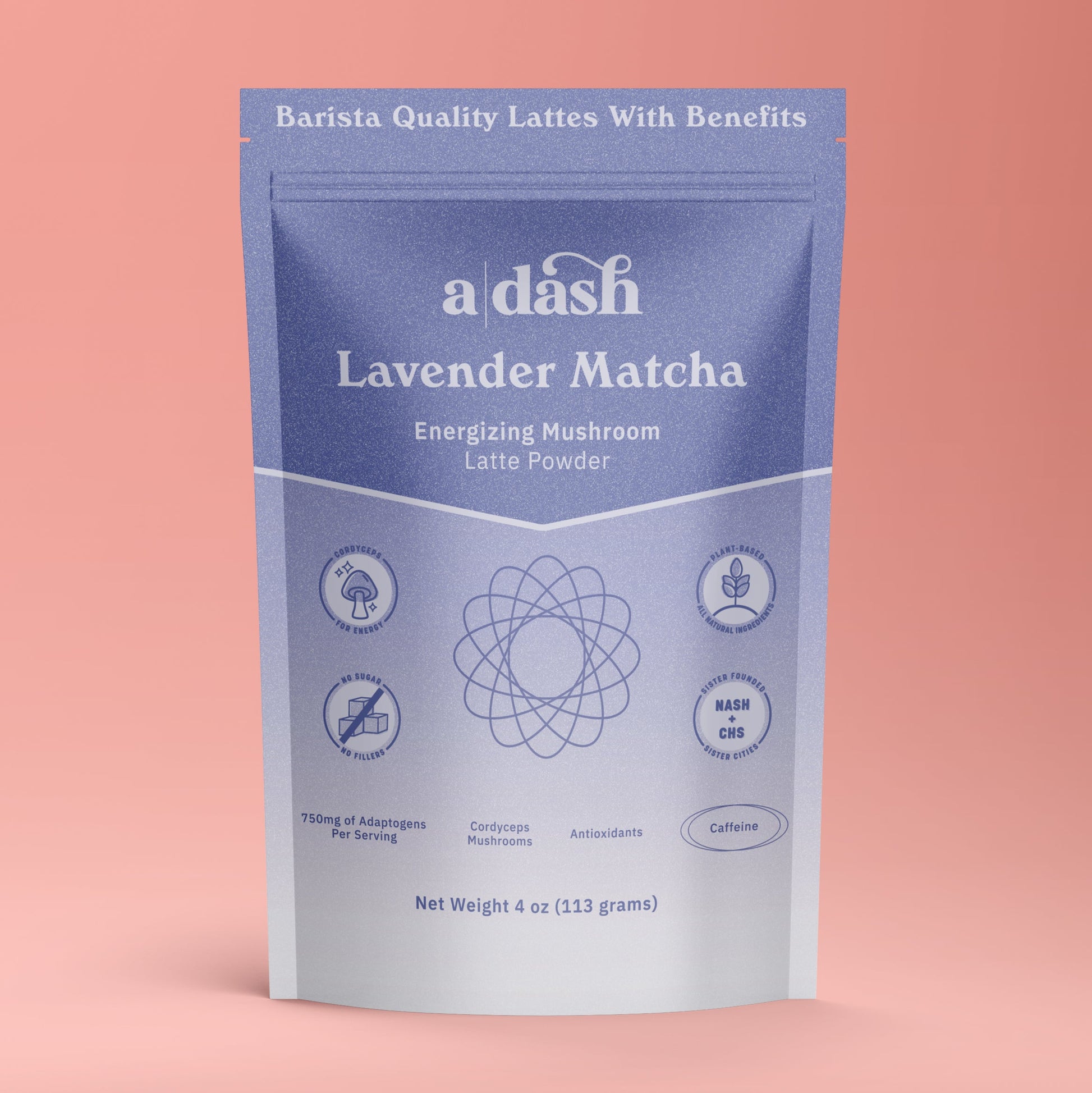 Animated image of a pouch of a|dash Lavender Matcha with Cordyceps powdered beverage mix, featuring lavender and green tea ingredients.