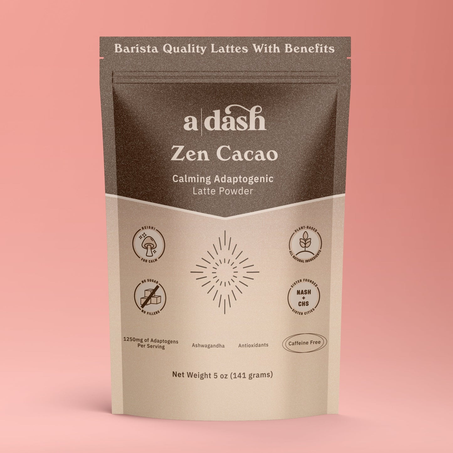 Animated image of a pouch of a|dash Zen Cacao with Reishi powdered beverage mix, showing the product packaging.