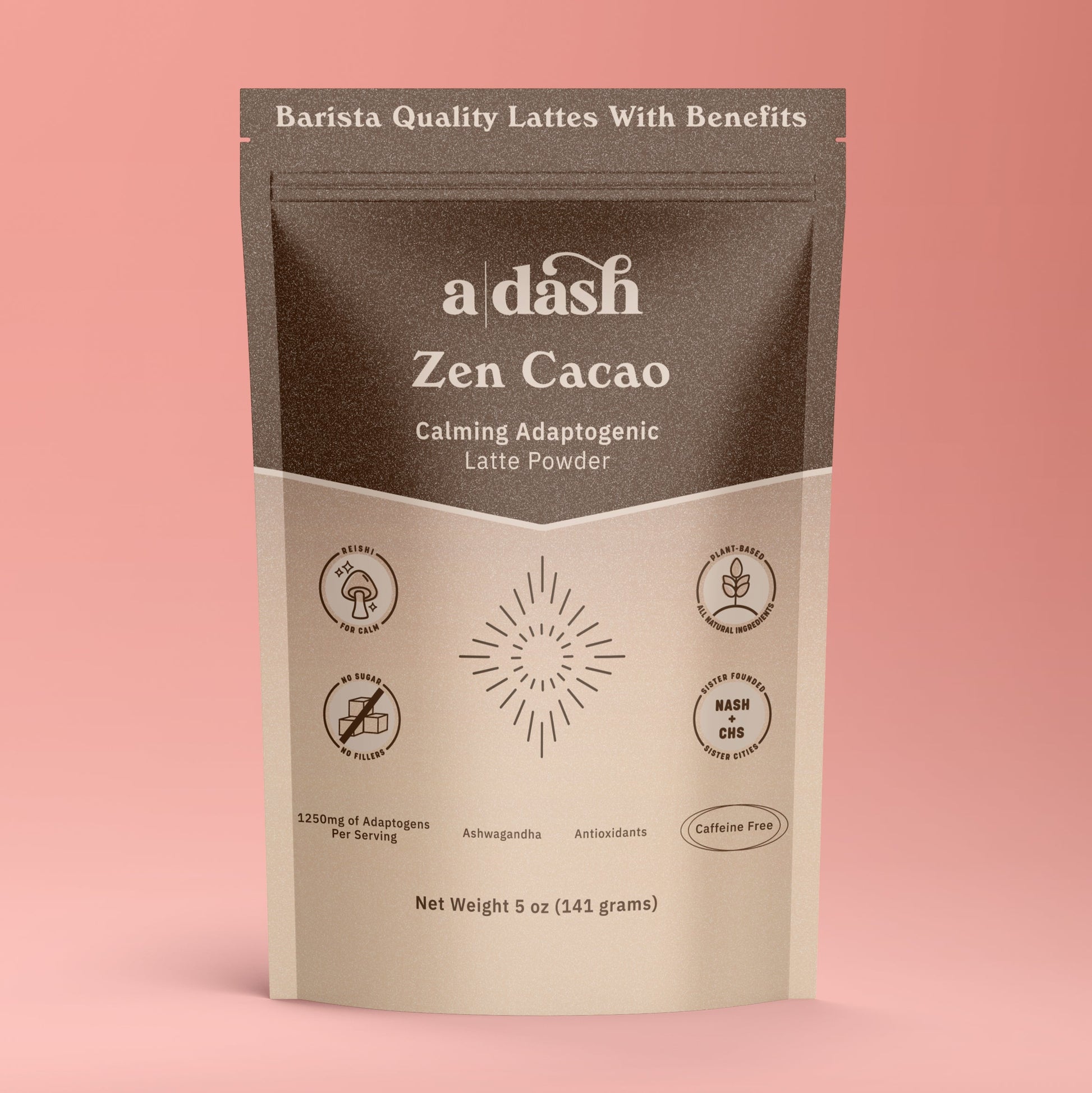 Animated image of a pouch of a|dash Zen Cacao with Reishi powdered beverage mix, showing the product packaging.