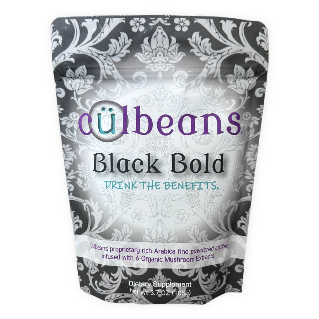 Cülbeans Arabica black coffee with a six-mushroom blend in a black cup, showcasing rich coffee and mushroom ingredients.