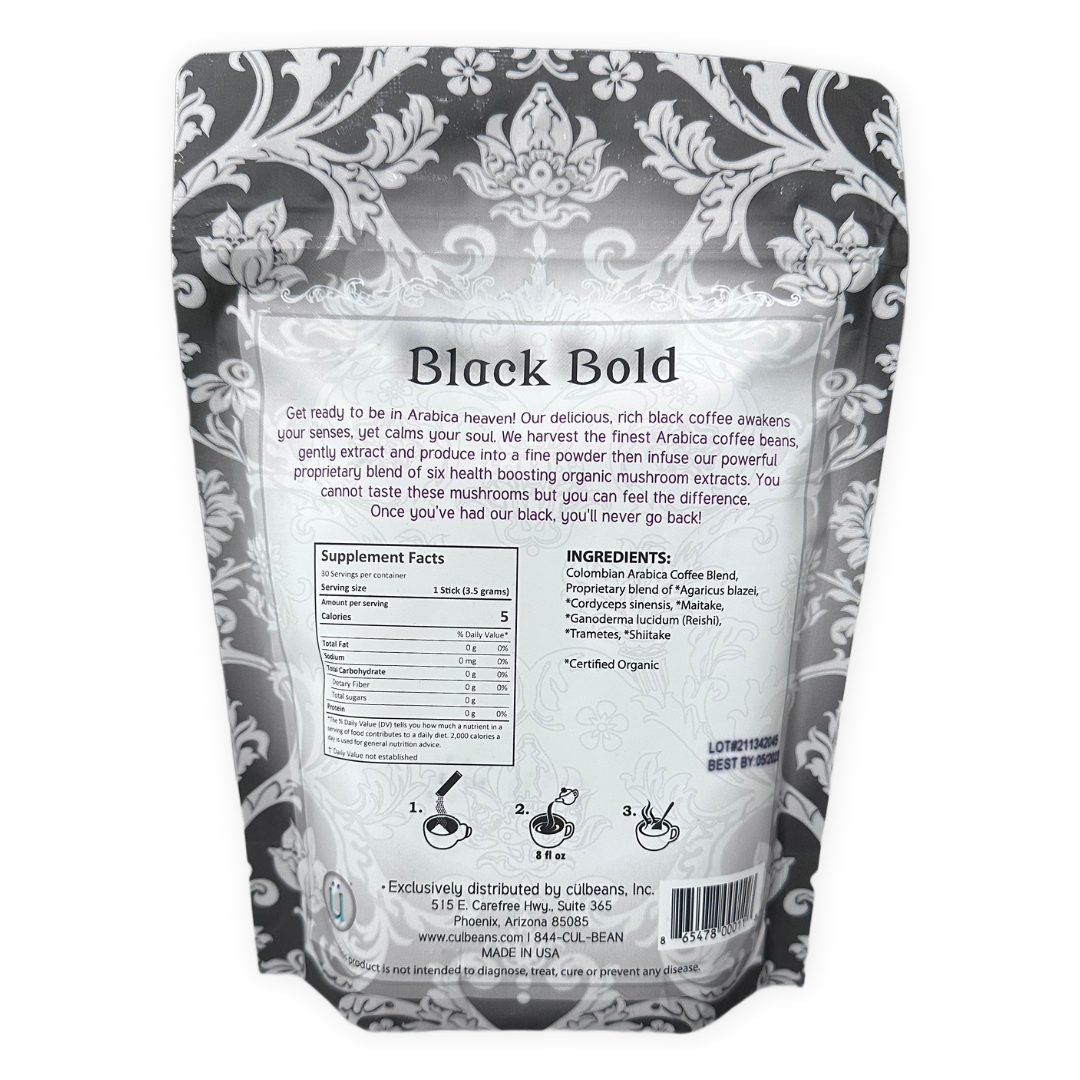 Cülbeans black coffee with Arabica beans and six organic mushroom blend, in a dark brew with a rich, smooth appearance.
