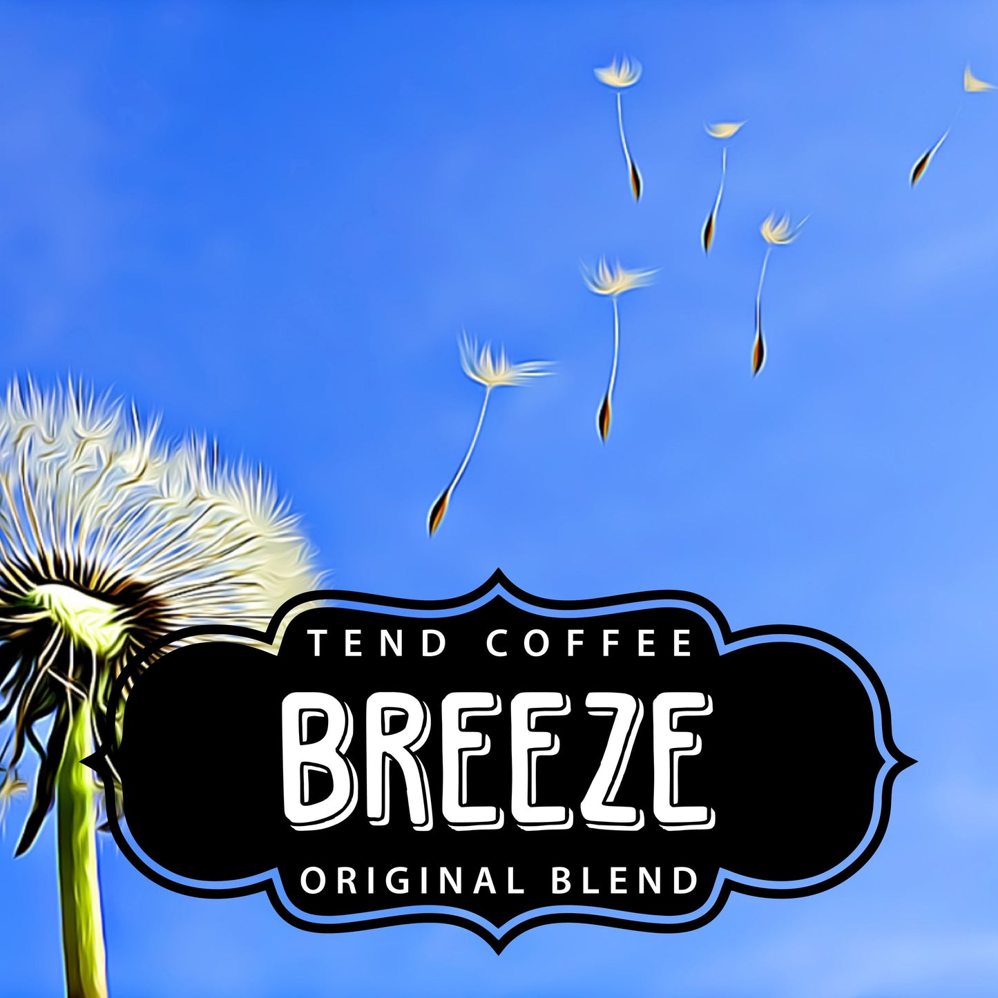 Tend Coffee Breeze Blend coffee bag with label, showcasing the product packaging and branding for Breeze Blend coffee.