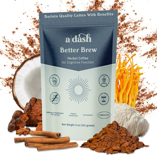 a|dash Better Brew functional mushroom coffee powder in a jar, showcasing the powdered beverage mix with mushroom ingredients.