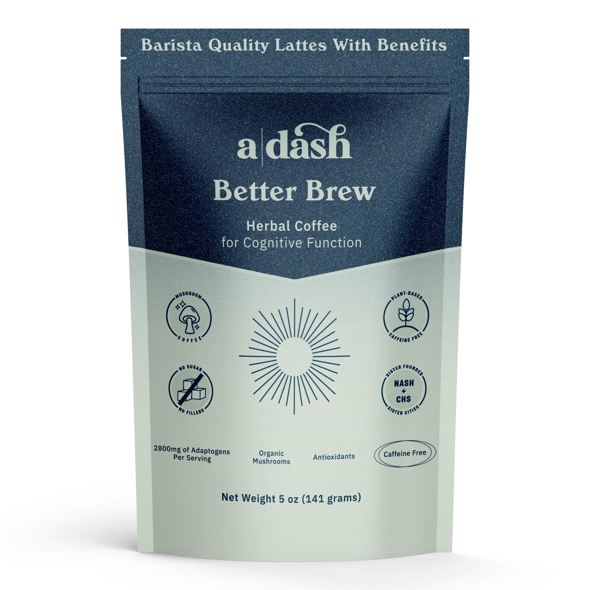 a|dash Better Brew functional mushroom coffee powder mix in a jar with a spoon, highlighting the beverage's natural ingredients and packaging