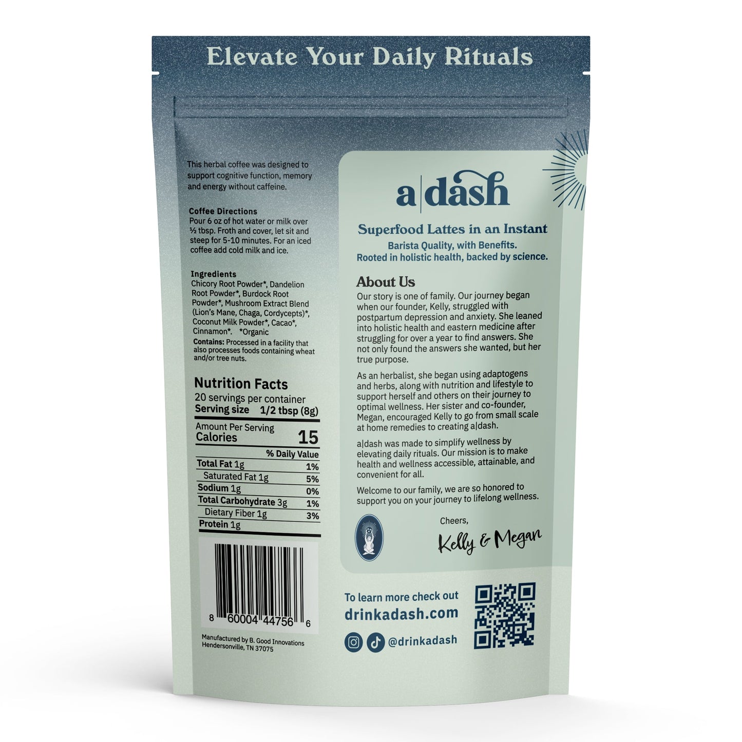 Back view of a|dash Better Brew functional mushroom coffee powdered beverage mix container showing the label and product details.