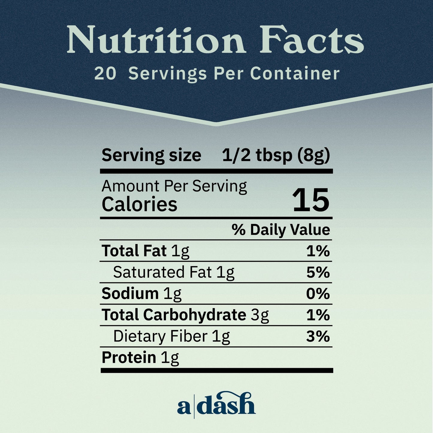Nutrition facts for a|dash Better Brew functional mushroom coffee powdered beverage mix, showing detailed nutritional information on the package.