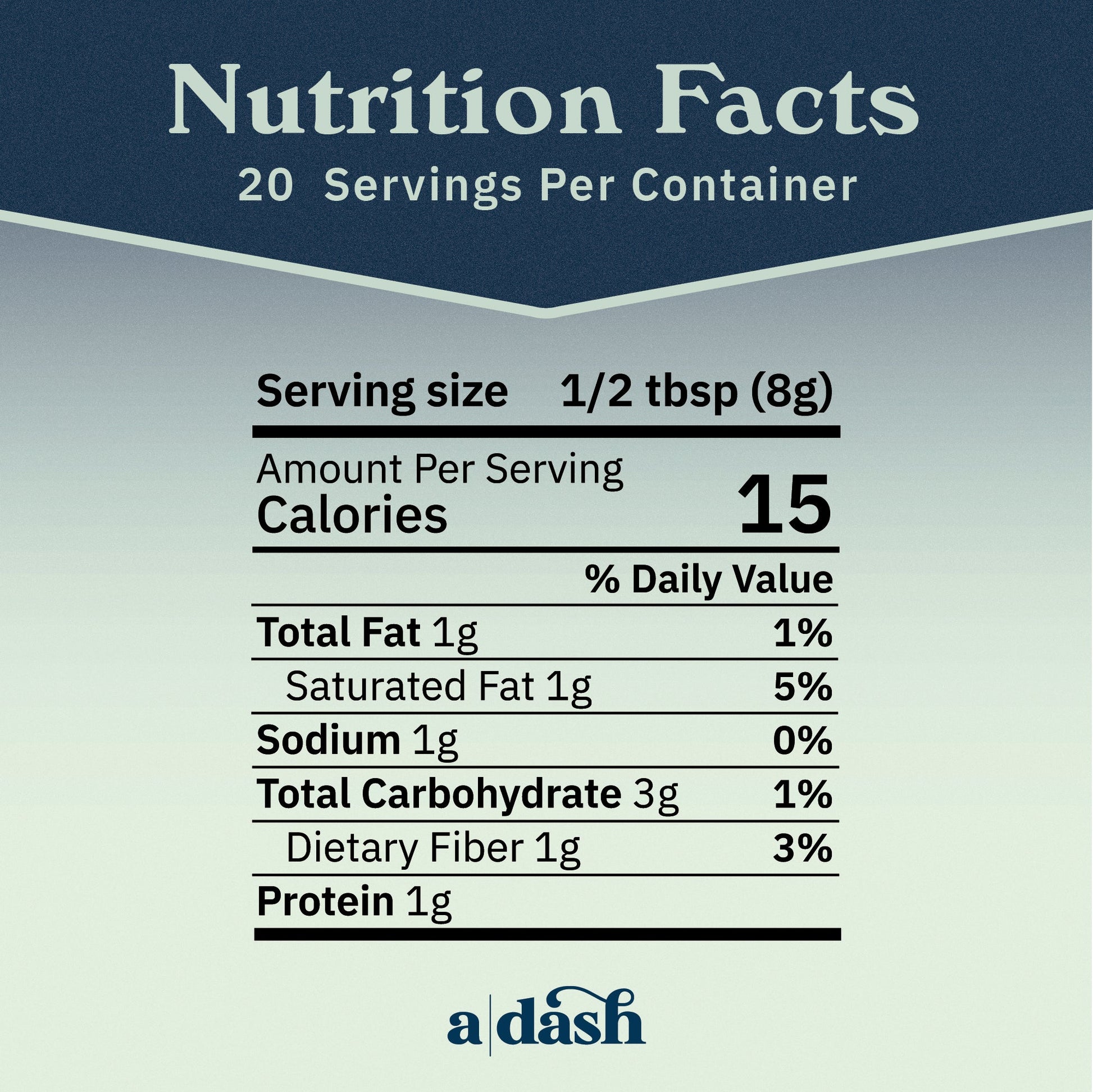 Nutrition facts for a|dash Better Brew functional mushroom coffee powdered beverage mix, showing detailed nutritional information on the package.