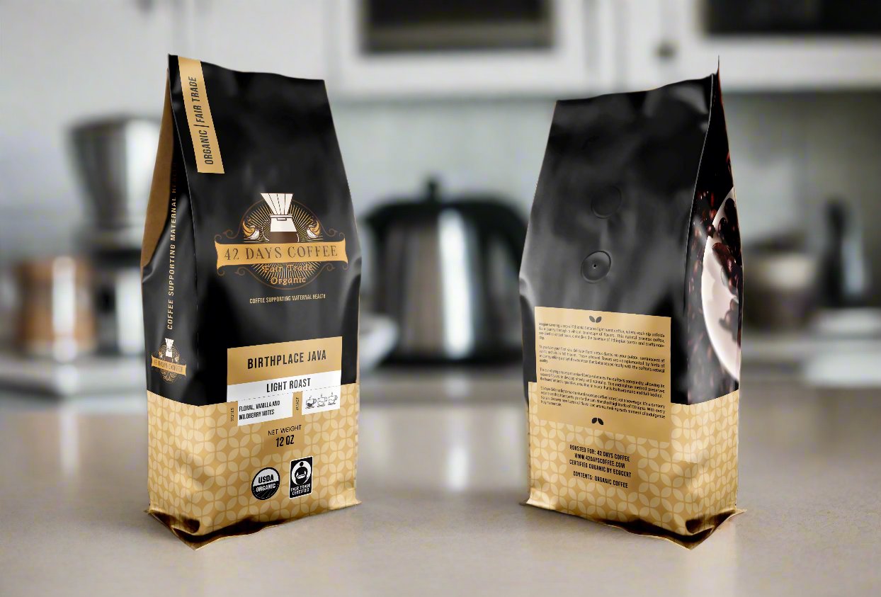 Front and back view of Birthplace Java Premium Light Roast Organic Coffee bag by 42 Days Coffee.