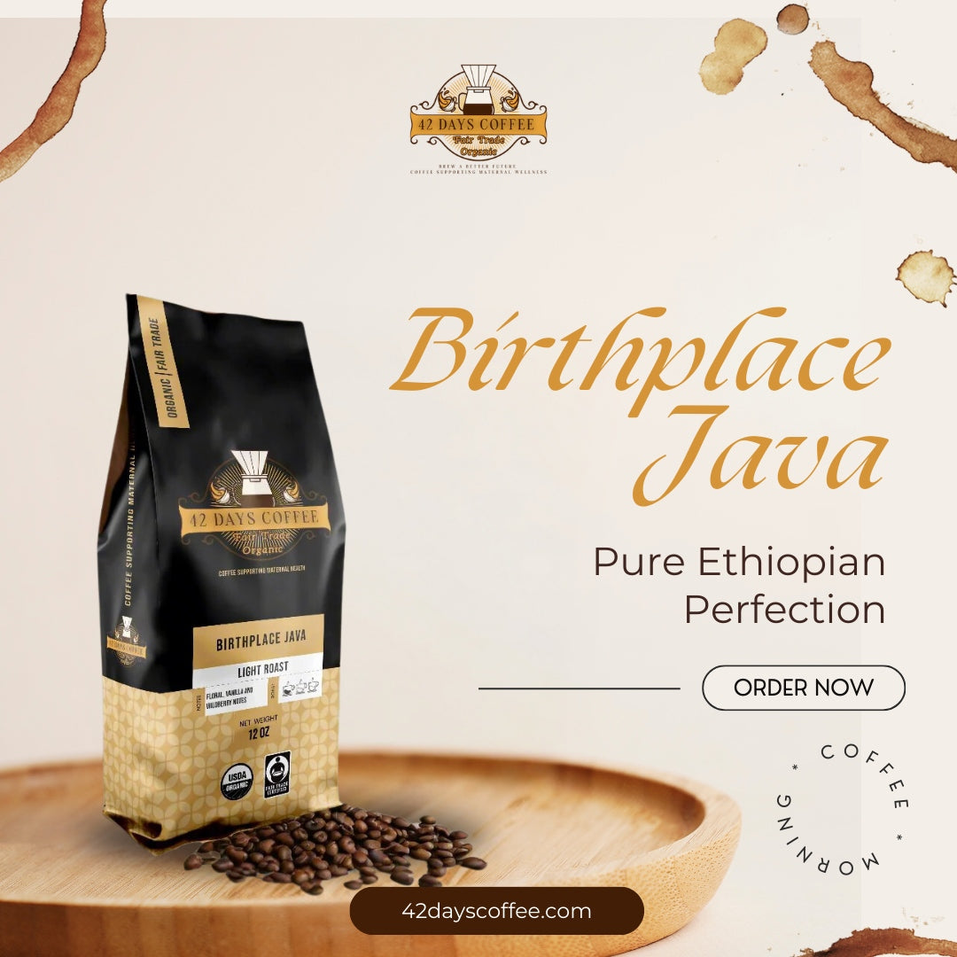 Light roast organic coffee beans from Birthplace Java by 42 Days Coffee, shown in a bag with the coffee's label and branding.