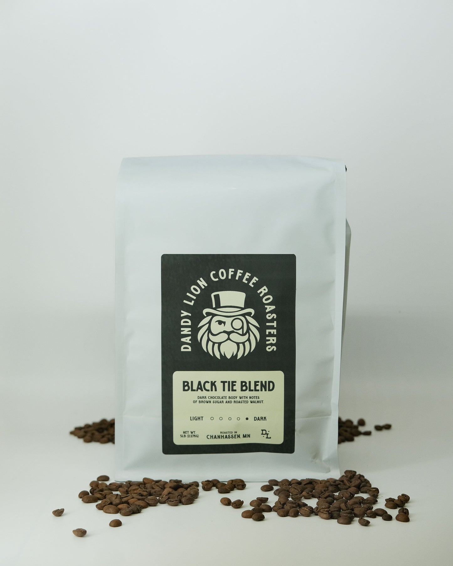 Dandy Lion Coffee Black Tie Blend 5lb bag of whole coffee beans with black and gold packaging for rich, aromatic brewing.