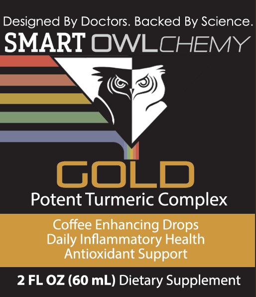 Smart Owl Coffee GOLD DROPS Smart OWLchemy turmeric extract supplement drop in 2oz bottle, potent herbal supplement for wellness.