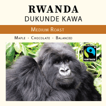 Medium roast Rwanda coffee bag from Thanksgiving Coffee Company with a cream-colored gorilla illustration on the front.