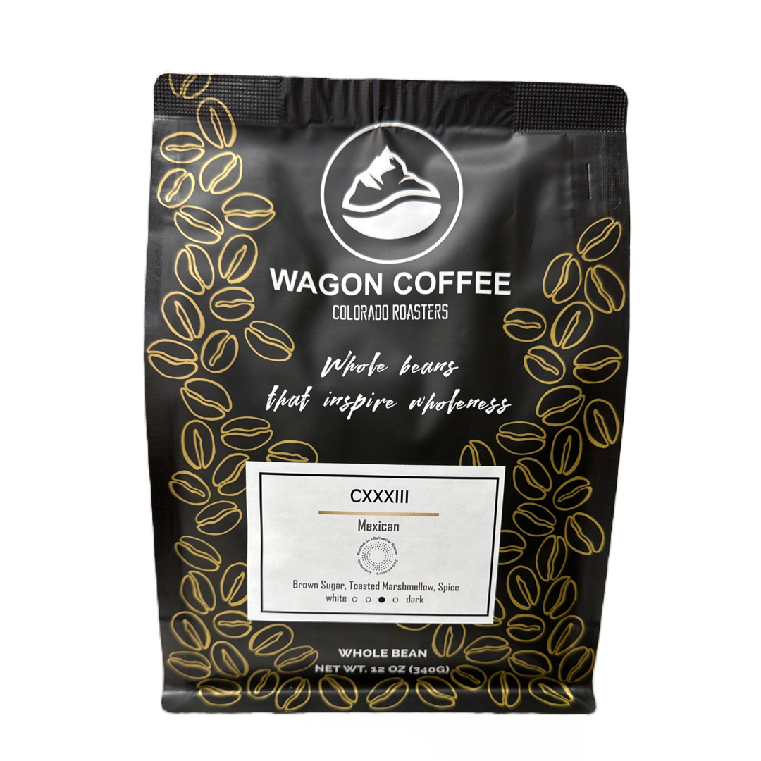 CXXXIII Mexican Roast coffee bag from Wagon Coffee, featuring rich, dark roasted beans in a branded coffee bag.