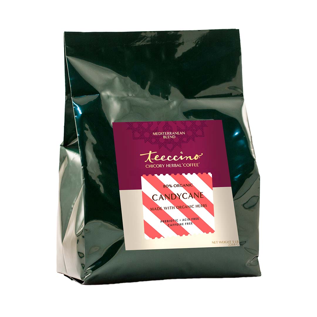 Candy Cane Herbal Coffee by Teeccino, a 5lb bag of festive chicory herbal coffee with candy cane flavor and natural ingredients.
