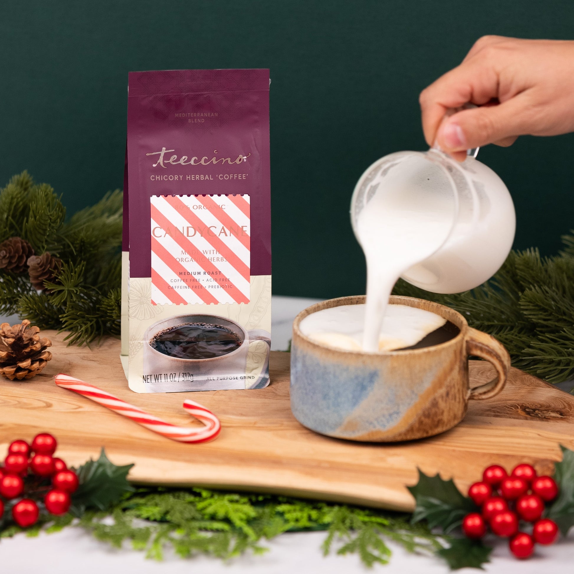 Teeccino Candy Cane Chicory Herbal Coffee cup with candy cane flavor, served in a mug on a cozy table setting.