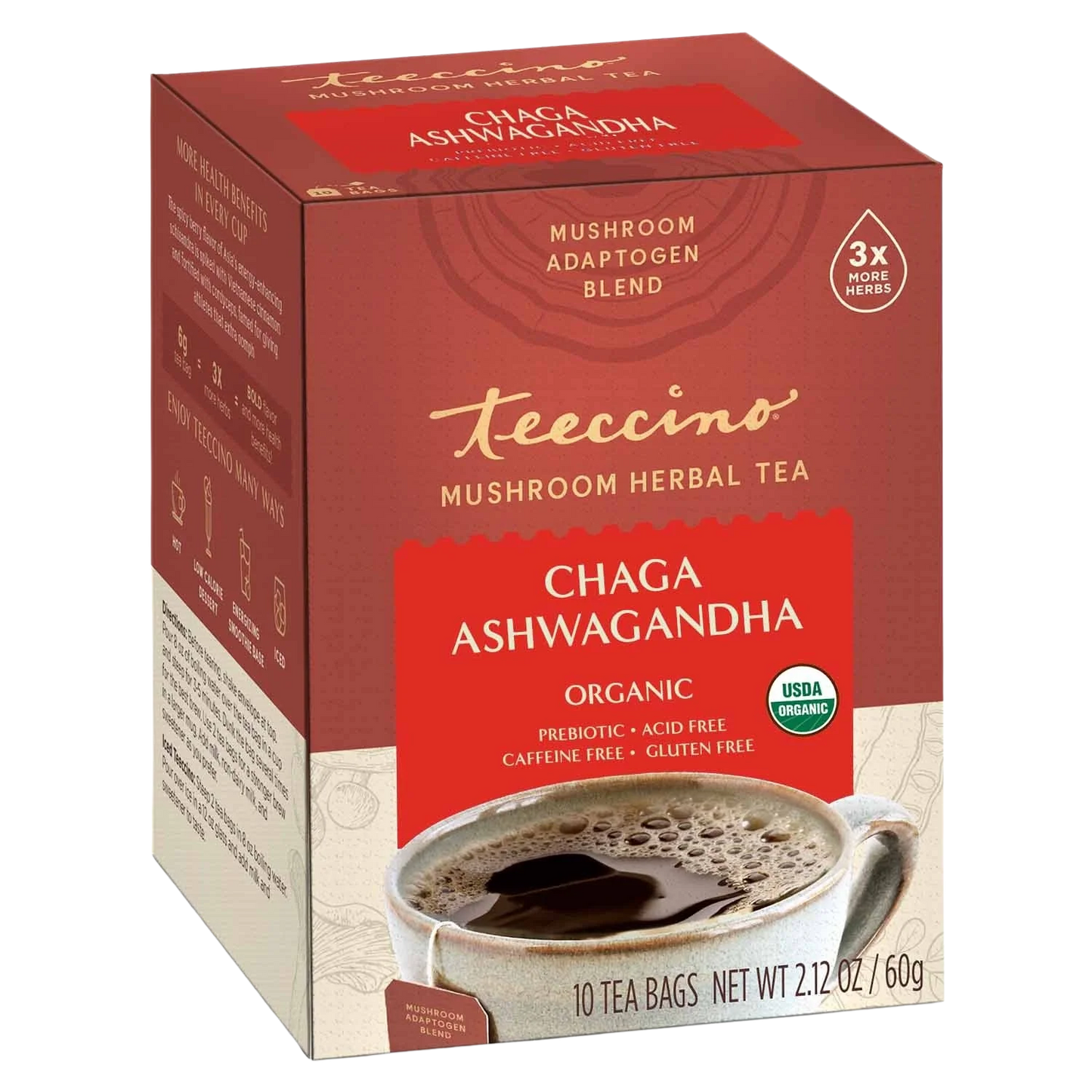 Chaga Ashwagandha Butterscotch Herbal Tea by Teeccino in a box, featuring tea bags and herbal ingredients for soothing, flavorful brew.