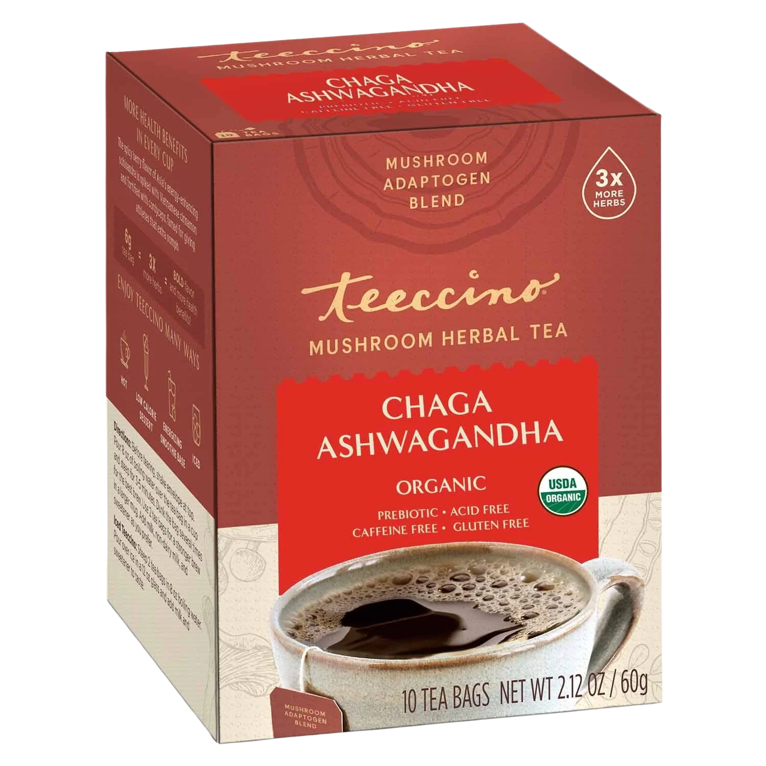 Chaga Ashwagandha Butterscotch Herbal Tea by Teeccino in a box, featuring tea bags and herbal ingredients for soothing, flavorful brew.