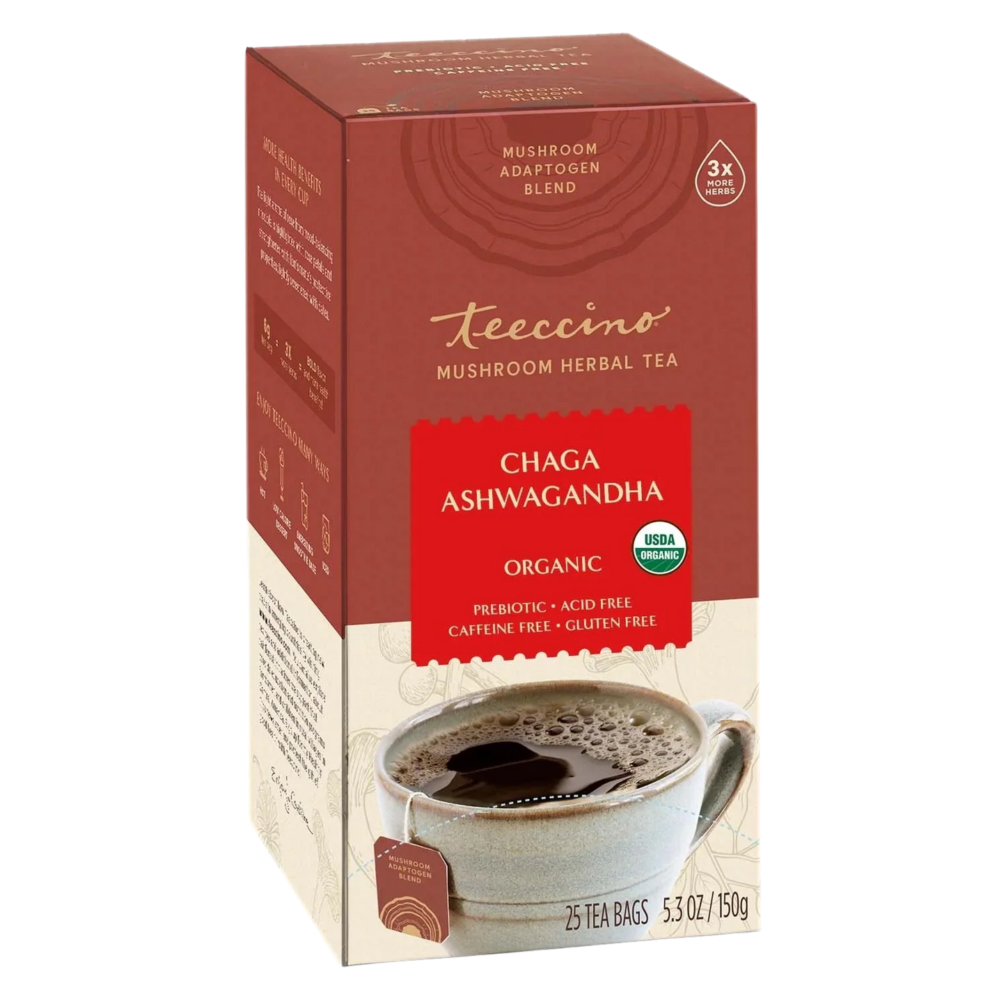 Chaga Ashwagandha butterscotch herbal tea by Teeccino in a box, featuring tea bags with earthy tones and herbal ingredients.