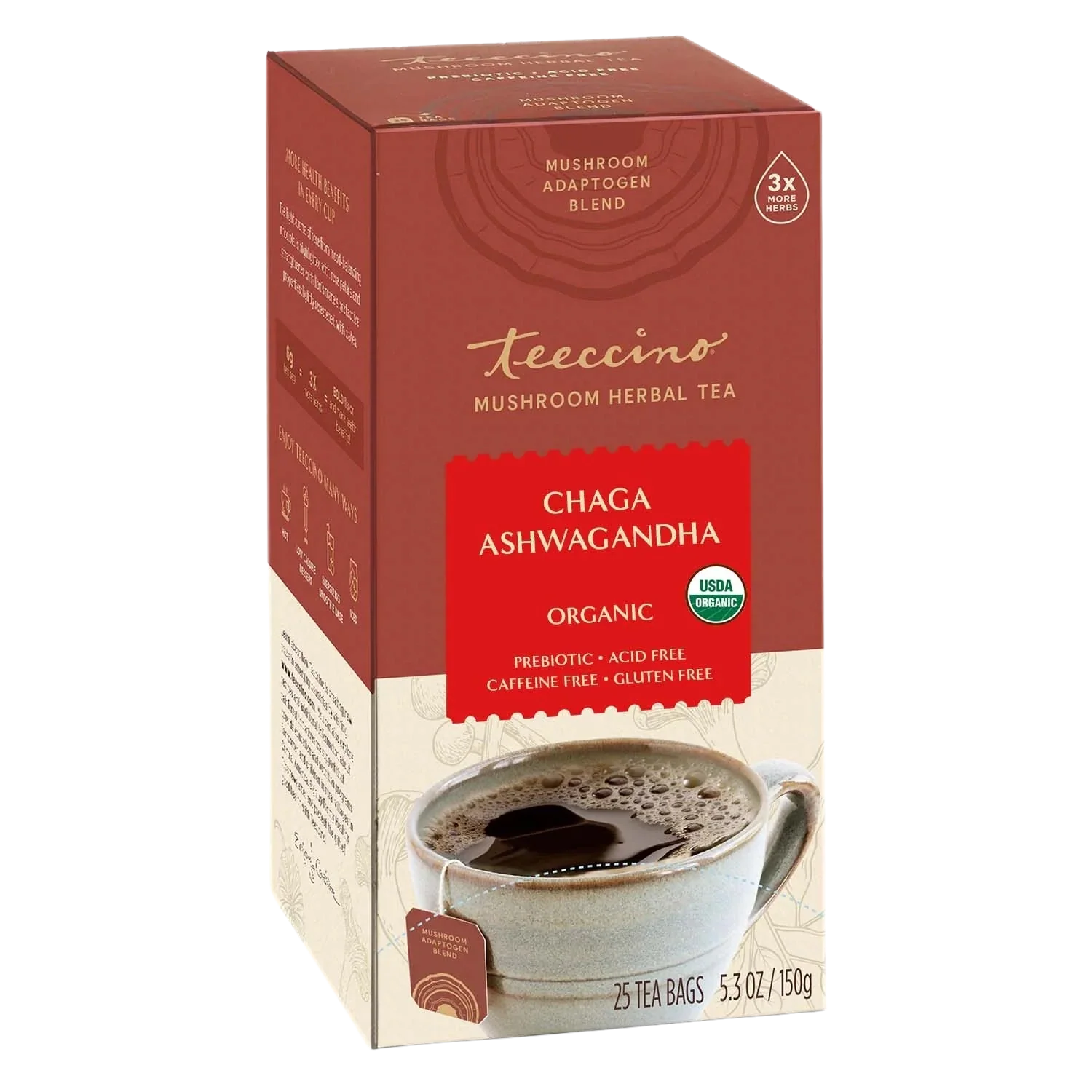 Chaga Ashwagandha butterscotch herbal tea by Teeccino in a box, featuring tea bags with earthy tones and herbal ingredients.