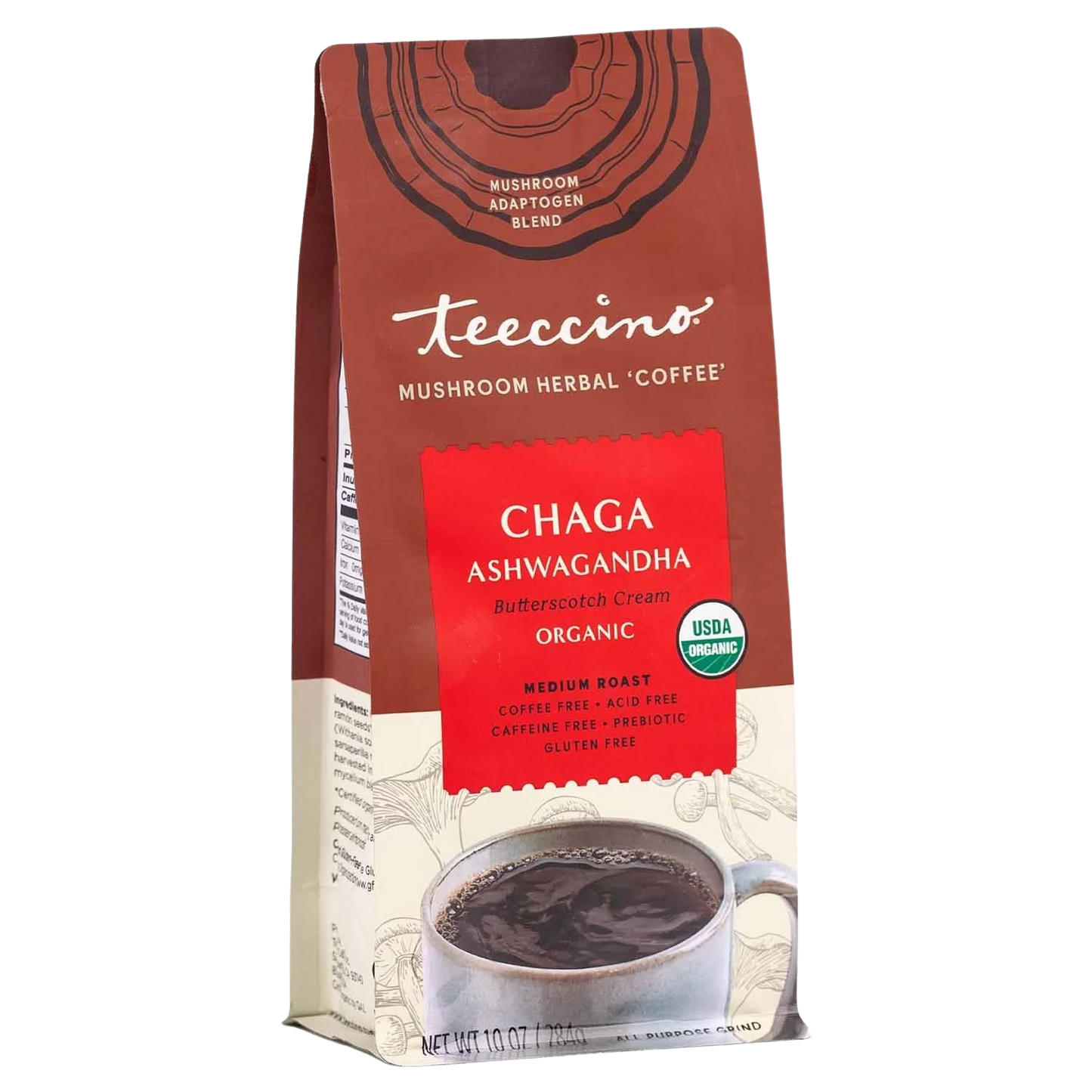 Front view of Teeccino Chaga Ashwagandha Butterscotch Cream Herbal Coffee bag with colorful branding and product details