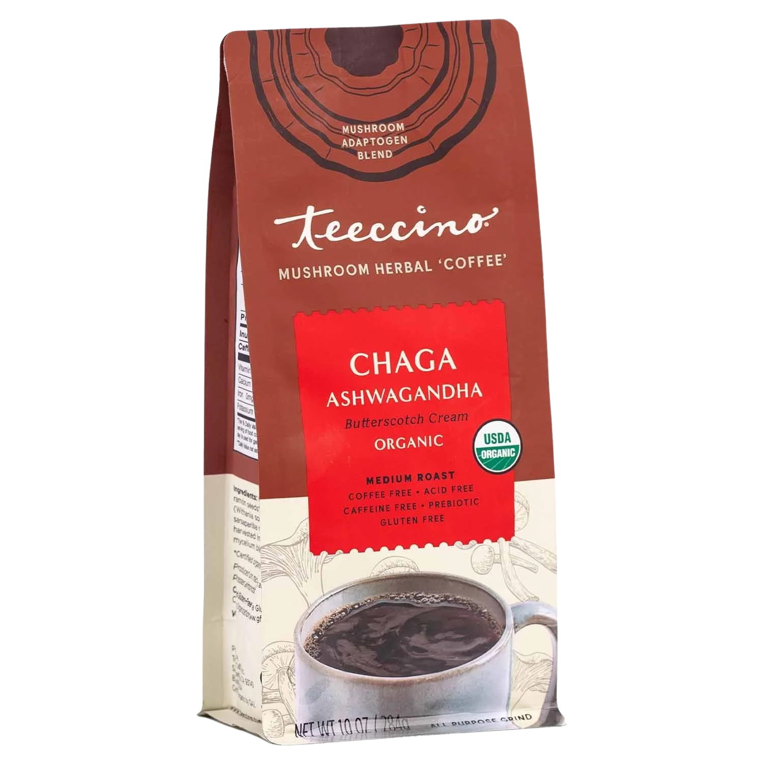 Front view of Teeccino Chaga Ashwagandha Butterscotch Cream Herbal Coffee bag with colorful branding and product details