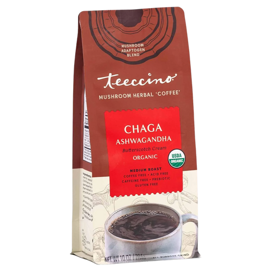 Front view of Teeccino Chaga Ashwagandha Butterscotch Cream Herbal Coffee bag with colorful branding and product details