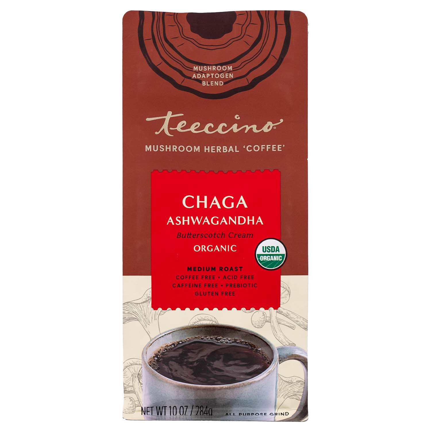 Brewed herbal coffee with chaga, ashwagandha, and butterscotch flavor from Teeccino, served in a mug with a spoon.