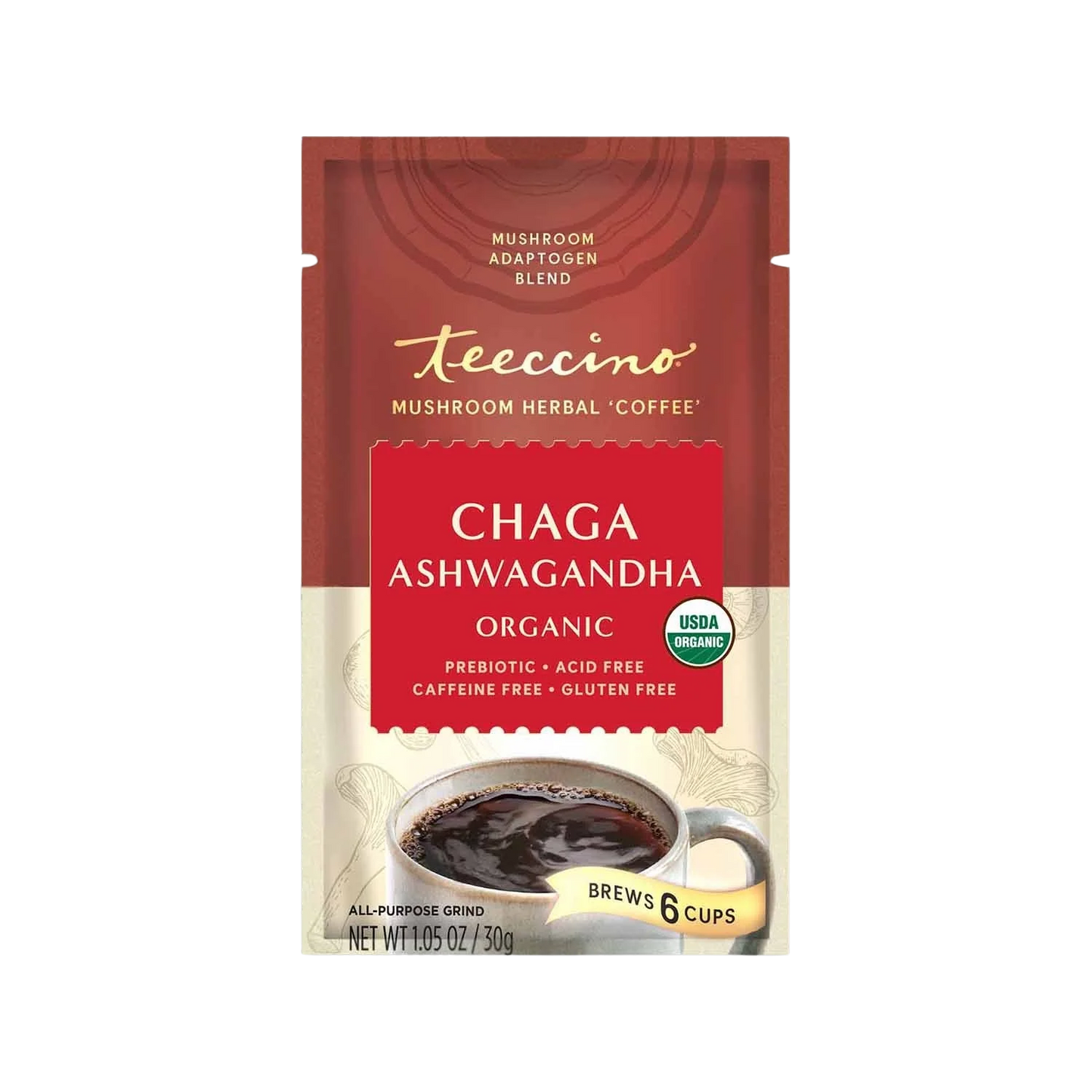 Packet of Teeccino Chaga Ashwagandha Butterscotch Cream herbal coffee with shadowed packaging and product label visible.