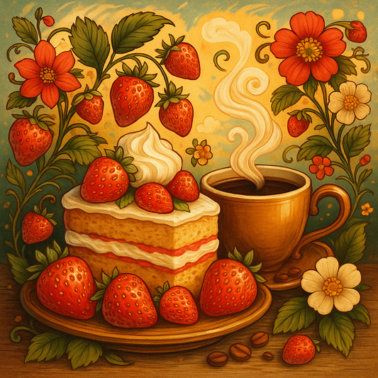 JavaMania Strawberry Shortcake flavored coffee in a mug with whipped cream and fresh strawberries, showcasing a sweet, aromatic beverage.