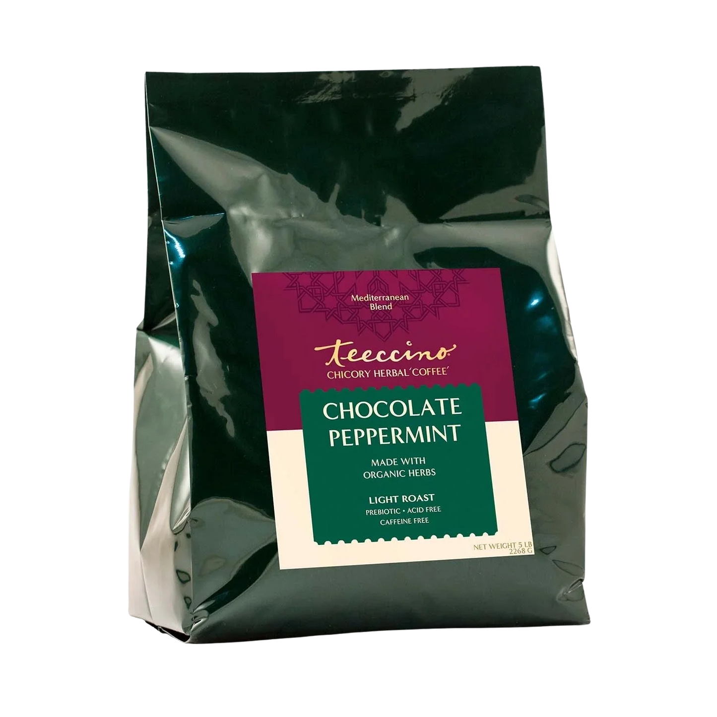 Bag of Teeccino Chocolate Peppermint Chicory Herbal Coffee in a 5lb package, featuring a rich chocolate and peppermint flavor blend.