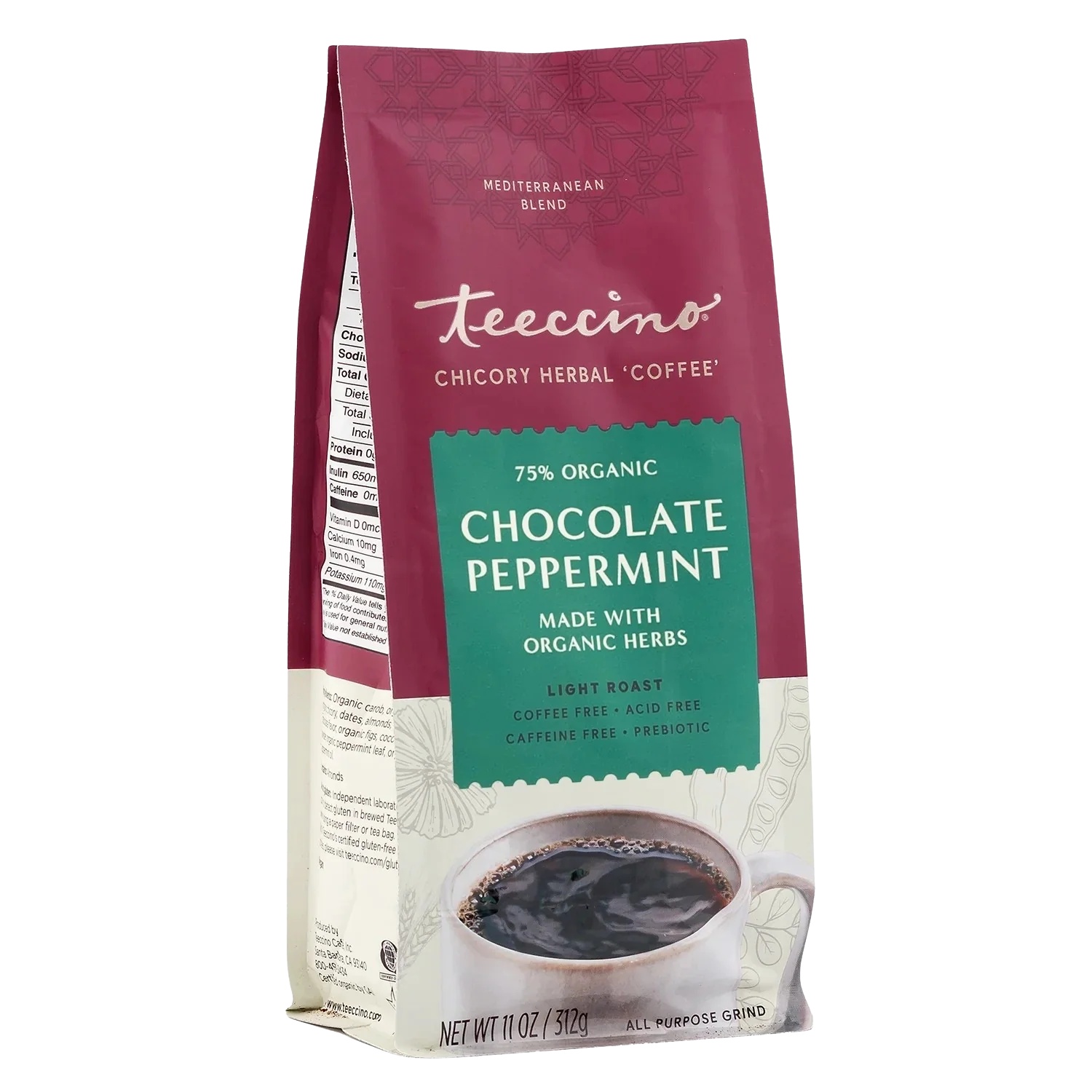 Chocolate peppermint herbal coffee by Teeccino, featuring a rich chocolate and mint flavor in a herbal coffee blend.