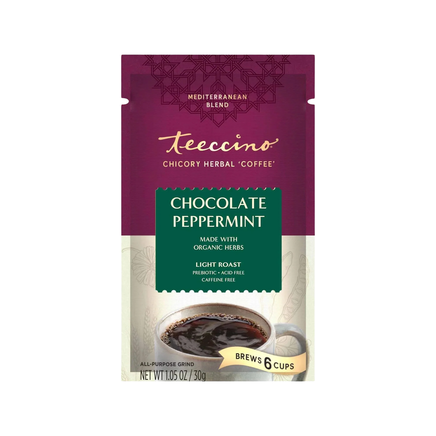 Packet of Teeccino Chocolate Peppermint Chicory Herbal Coffee featuring a colorful label with chocolate and peppermint imagery.