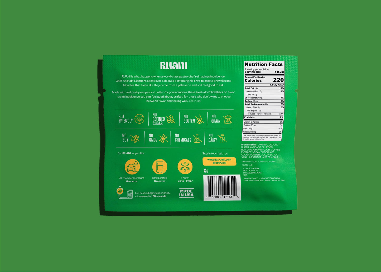 Six decadent coffee-flavored brownies by eatruani, shown with a rich coffee-green background.