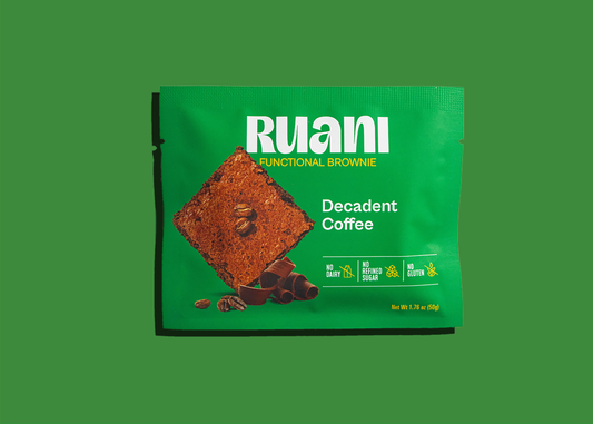 Six delicious coffee-flavored brownies from eatruani, featuring rich chocolate and coffee swirls, on a green background.