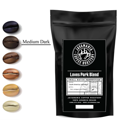 JavaMania Loves Park Blend coffee bag showcasing the popular blend with a rich roast and distinctive packaging design.