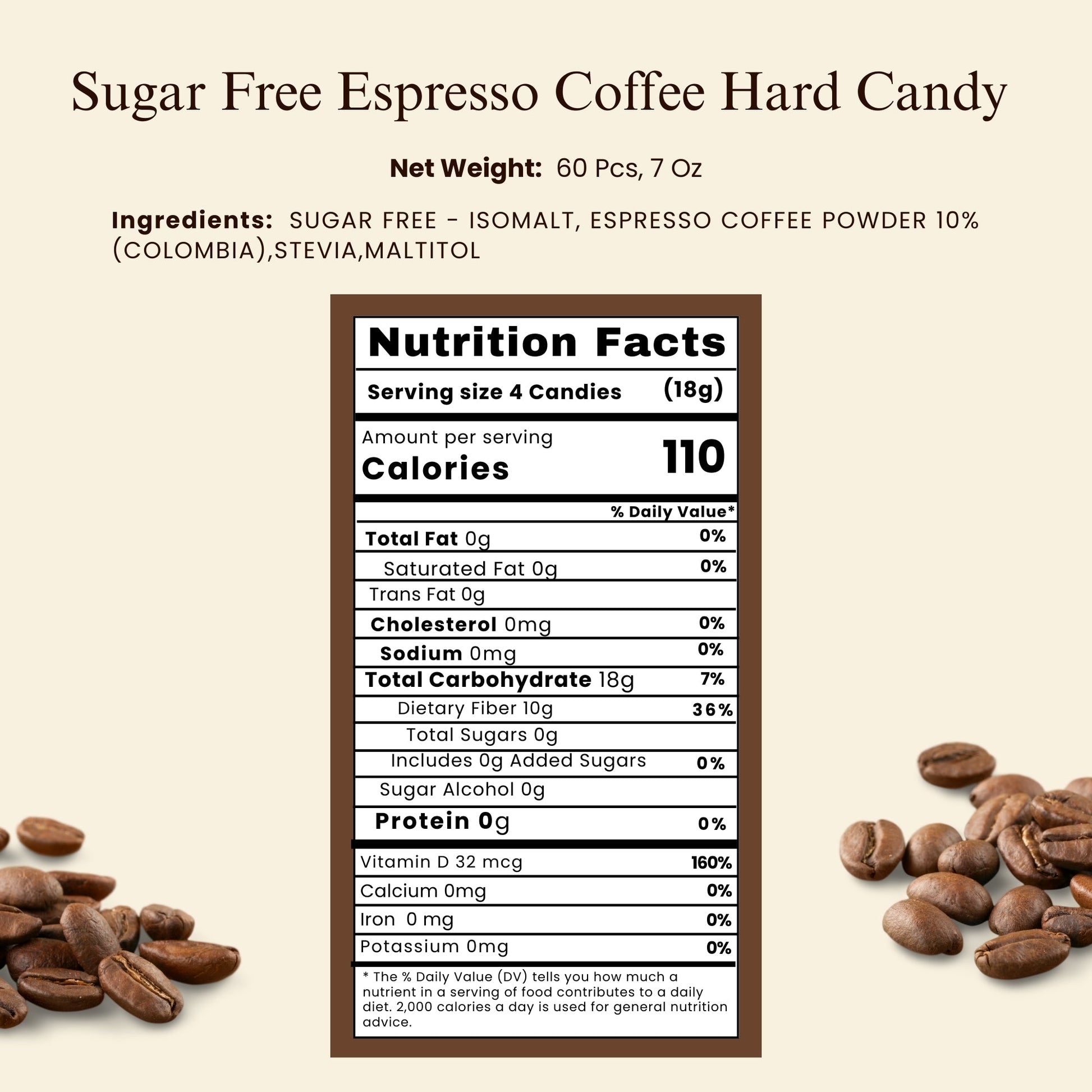 Andy Anand sugar free espresso coffee candy in a hard candy form, made with stevia, perfect for diabetics, 7 oz package.