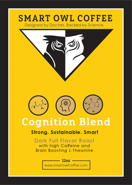 Smart Owl Coffee Cognition Blend coffee bag with label featuring the product name and branding for cognitive support.