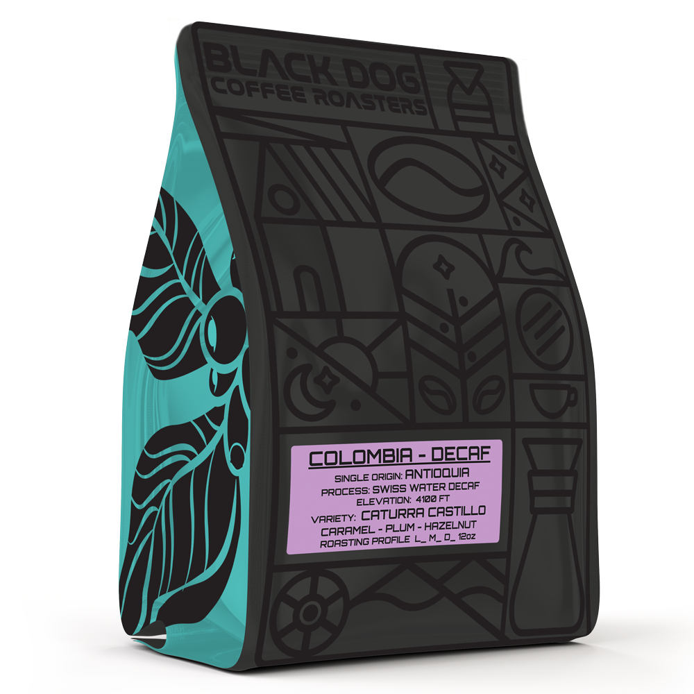 Decaf Colombia coffee beans by Black Dog Coffee Roasters, showcasing a bag of premium decaffeinated Colombian coffee beans.