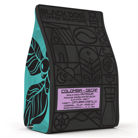 Decaf Colombia coffee beans by Black Dog Coffee Roasters, showcasing a bag of premium decaffeinated Colombian coffee beans.